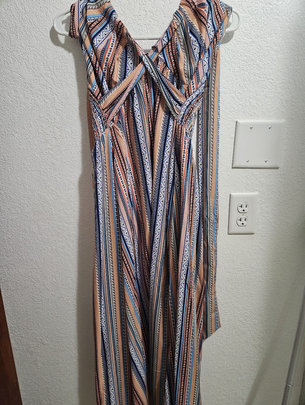 Striped Halter Maxi Dress in Coral, Blue & White. 1X.